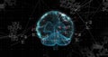 Hovering wireframe brain on grid with numeric labels, triangular square markers, lines and hexagons Royalty Free Stock Photo