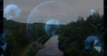 Hovering wireframe globe floating over forest river path, with data points and network shapes Royalty Free Stock Photo