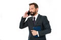 How can i help you. Businessman calling client hold notepad. Man bearded manager phone conversation smiling face