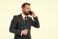 How can i help you. Businessman calling client hold notepad. Man bearded manager phone conversation smiling face