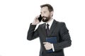 How can i help you. Businessman calling client hold notepad. Man bearded manager phone conversation smiling face