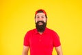 How can I help you. Supermarket staff wanted. Man bearded hipster with mustache wear uniform yellow background. Shop