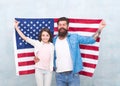 How do americans celebrate independence day. Father and daughter with USA flag. Patriotic family. Independence day is Royalty Free Stock Photo