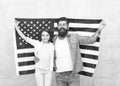 How do americans celebrate independence day. Father and daughter with USA flag. Patriotic family. Independence day is Royalty Free Stock Photo