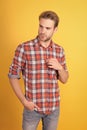 How do you like my style. Menswear shop. Macho man wearing checkered shirt. Fashion summer trends. Unshaven man skin Royalty Free Stock Photo