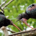 Two northern bald ibises inspecting the feet of one Royalty Free Stock Photo