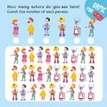 How many actors do you see here. Count the number of each person. Game for children. Math worksheet for kids. Vector