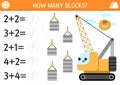 How many blocks game with cute crawler crane. Construction site math addition activity for children. Simple building works Royalty Free Stock Photo