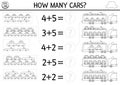 How many cars black and white game. Transportation math addition activity for preschool children. Line transport printable