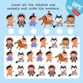 How many children, animals do you see here. Count and write numbers. Game for children. Math worksheet for kids. Vector Royalty Free Stock Photo