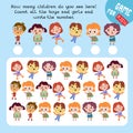 How many children do you see here. Count the boys and girls and write the numbers. Game for children. Math worksheet for Royalty Free Stock Photo