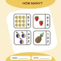 How Many. Count game. Education Counting Game for Preschool Children. Worksheet activity. Fruits. Kiwi, Pineapple