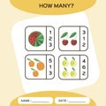 How Many. Count game. Education Counting Game for Preschool Children. Worksheet activity. Fruits. Watermelon. Cherry