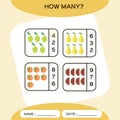 How Many. Count game. Education Counting Game for Preschool Children. Worksheet activity. Fruits. Watermelon. Lime