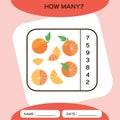 How Many. Count game. Education Counting Game for Preschool Children. Worksheet activity. Orange Fruit. Red background.