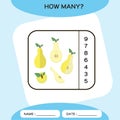 How Many. Count game. Education Counting Game for Preschool Children. Worksheet activity. Pear Fruit. Blue background.