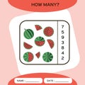 How Many. Count game. Education Counting Game for Preschool Children. Worksheet activity. Watermelon Fruit. Red