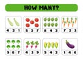 How many? Count how many vegetables there are and choose the correct number. Printable sheet vector illustration.