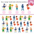 How many. Count and write the numbers. Professions and tools. Puzzle for children. Activities, vector illustration. Cute