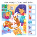 How many. Count and write. Puzzle game for children. Cute kittens making Christmas cake with mice. Cartoon cat