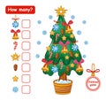 How many counting education game for preschool children. Search, math count number holiday Christmas tree decoration toys. Vector