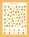 How many counting educational game for kids with autumn leaves, design elements, watercolor illustration Royalty Free Stock Photo