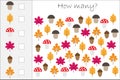 How many counting game with autumn pictures for kids, educational maths task for the development of logical thinking, preschool wo Royalty Free Stock Photo