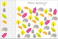 How many counting game with autumn pictures for kids, educational maths task for the development of logical thinking, preschool wo
