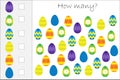 How many counting game with decoration easter eggs for kids, educational maths task for the development of logical thinking,