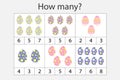 How many counting game with easter eggs for kids, educational maths task for the development of logical thinking, preschool