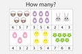 How many counting game with easter pictures for kids, educational maths task for the development of logical thinking, preschool