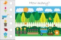 How many counting game with garden picture for kids, educational maths task for the development of logical thinking, preschool