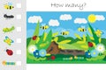 How many counting game, glade with insects for kids, educational maths task for the development of logical thinking, preschool