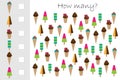 How many counting game with ice cream for kids, educational maths task for the development of logical thinking, preschool