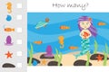 How many counting game, mermaid in the ocean for kids, educational maths task for the development of logical thinking, preschool