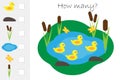 How many counting game, pond with ducks for kids, educational maths task for the development of logical thinking, preschool