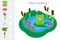 How many counting game, pond with frog for kids, educational maths task for the development of logical thinking, preschool