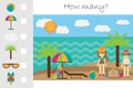 How many counting game, summer beach for kids, educational maths task for the development of logical thinking, preschool worksheet