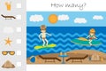 How many counting game, summer beach with people for kids, educational maths task for the development of logical thinking, Royalty Free Stock Photo