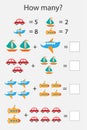 How many counting game with transport for kids, educational maths task for the development of logical thinking, preschool