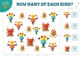 How many of each kind cartoon robot kids counting game vector illustration