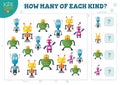 How many of each kind cartoon robot kids counting game vector illustration