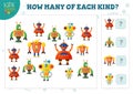 How many of each kind cartoon robot kids counting game vector illustration