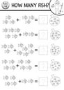 How many fish black and white game with cute fishes in the bag with water. Summer math addition outline activity. Printable