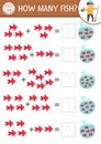 How many fish game with cute fishes in the bag with water. Summer math addition activity for preschool children. Printable simple