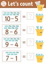 How many fish game with cute fishes in the bucket with water. Summer math subtraction activity for preschool children. Printable