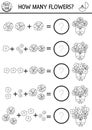 How many flowers black and white game with cute bouquets. Wedding math addition activity or coloring page. Simple marriage