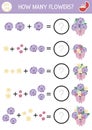 How many flowers game with cute bouquets. Wedding math addition activity for preschool children. Simple marriage ceremony