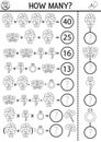 How many flowers game, equation or rebus with cute bouquets. Wedding black and white math activity or coloring page. Marriage