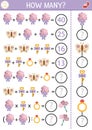 How many flowers game, equation or rebus with cute bouquets. Wedding math activity for school children. Simple marriage ceremony